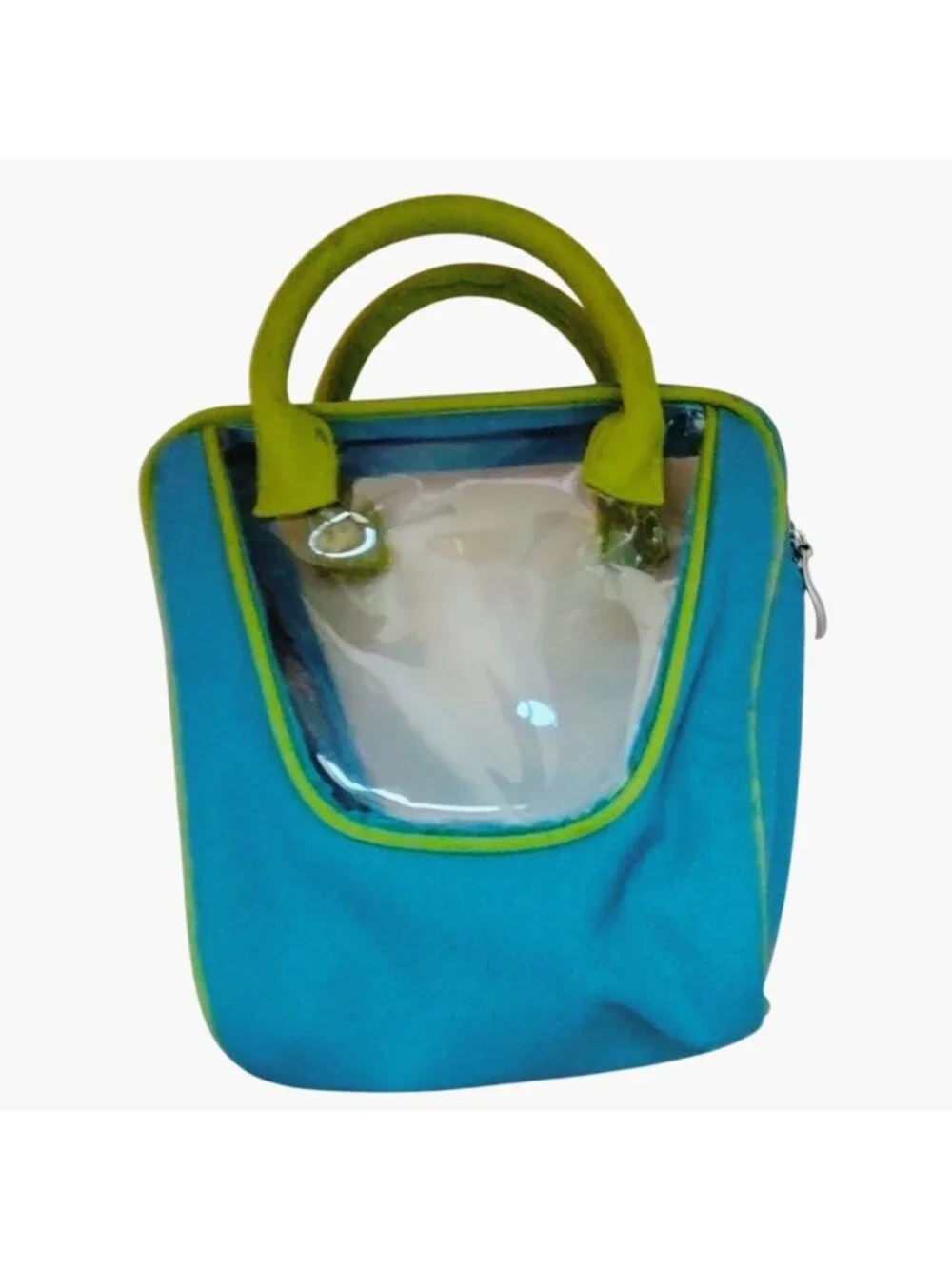 Small Blue Green Canvas Tote Bag Clear Panel Lunch Bag